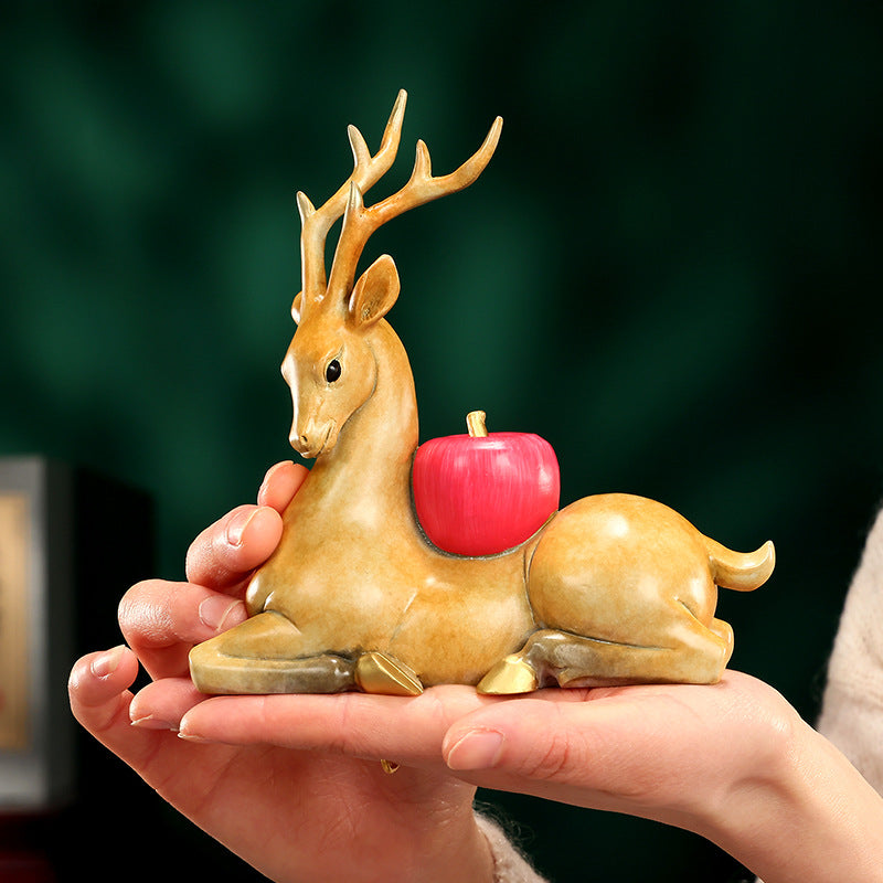 Painted copper one deer safe ornament, home office Xianglu handicrafts desktop sika deer mini decoration